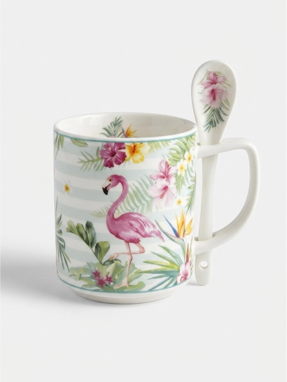 Summer Breeze Flamingo Tropical Floral Mug With Matching Spoon Ceramic 9.1 oz